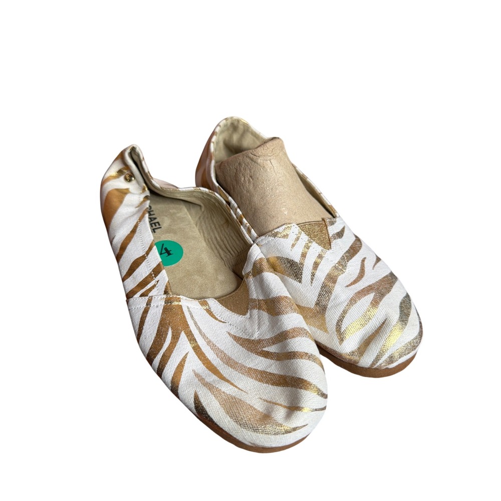 Michael Kors Gold Zebra Print Canvas Slip On Flats White Metallic Shoes Size 4